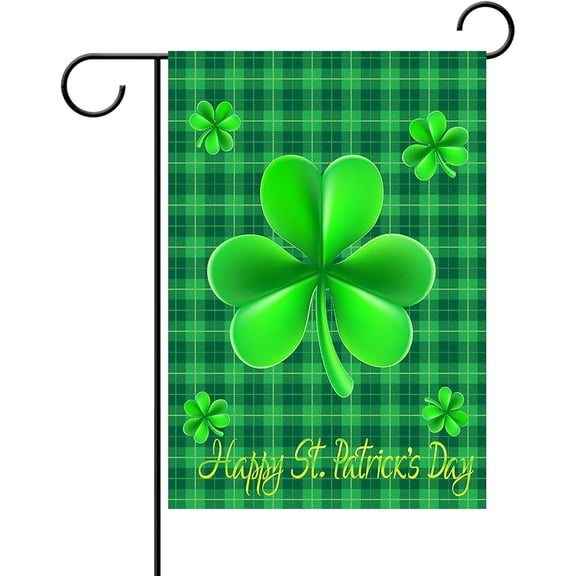 Happy St Patricks Day House Garden Flags,Shamrock Buffalo Check Plaid Rustic Burlap Yard Sign Decorations,Spring Banners for Outdoor 12 x 18 Inch Double Sided (Green)