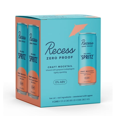 Recess Zero Proof Craft Mocktail, Island Spritz, 12 fl oz Aluminum Cans, 4 Pack, Alcohol-Free Drink with Adaptogens, Non-Alcoholic Beverage, Liquid