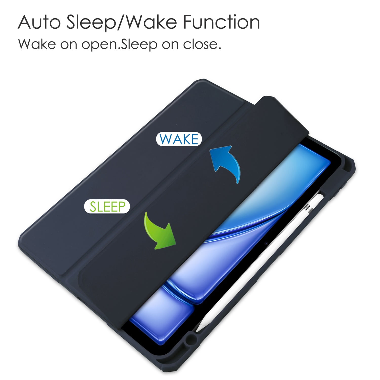 SaniMore Case for Apple iPad Air 11 (2024), Auto Sleep/Wake Shock Resistant [Built-in Pencil Holder] Flip Stand [Dual Angle] Transparent Slim Lightweight Anti-fall Tablet Shell, Deep Blue