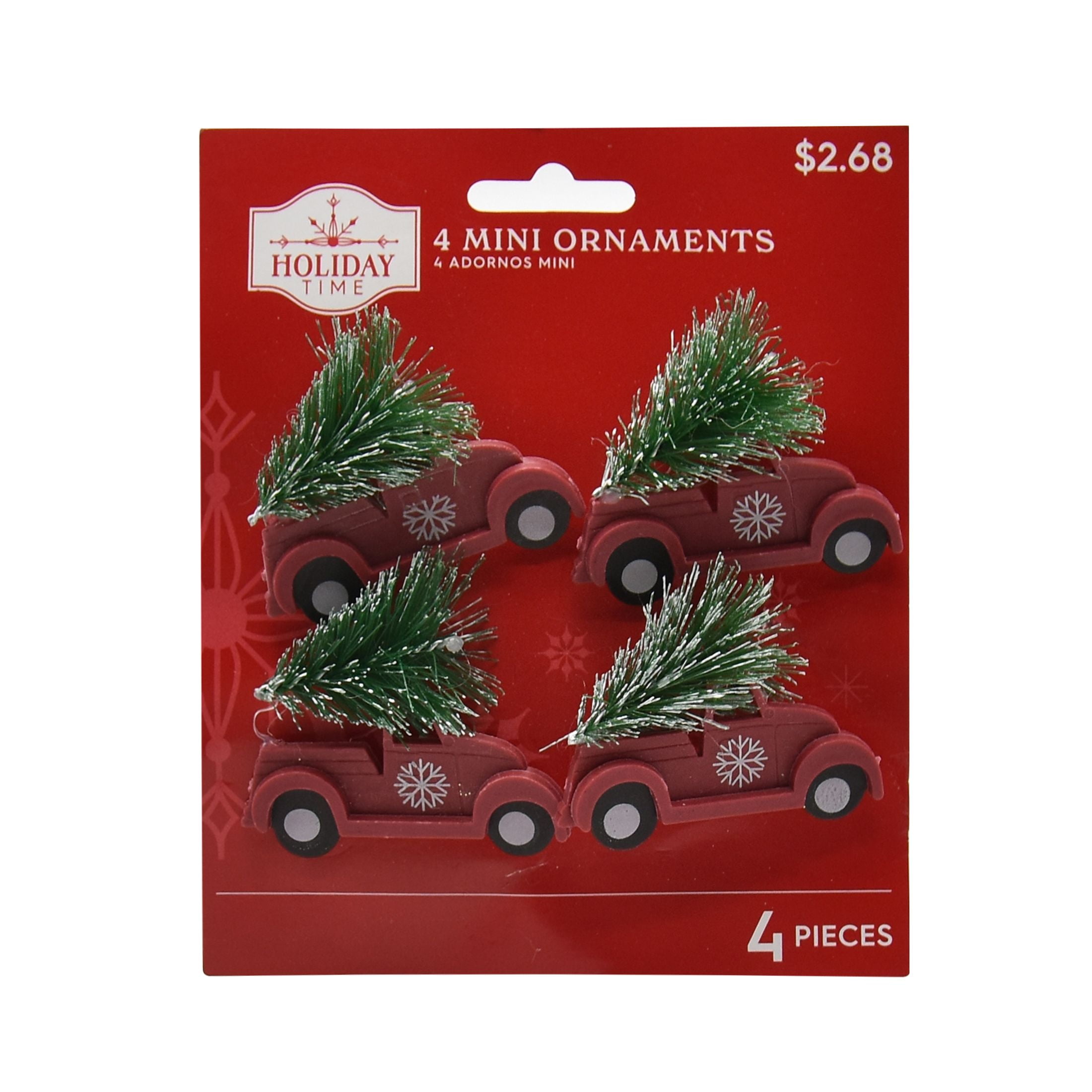 Holiday Time Mini Red Car With White Snowflake Printed Carring Green Tree Ornaments, 4 Count