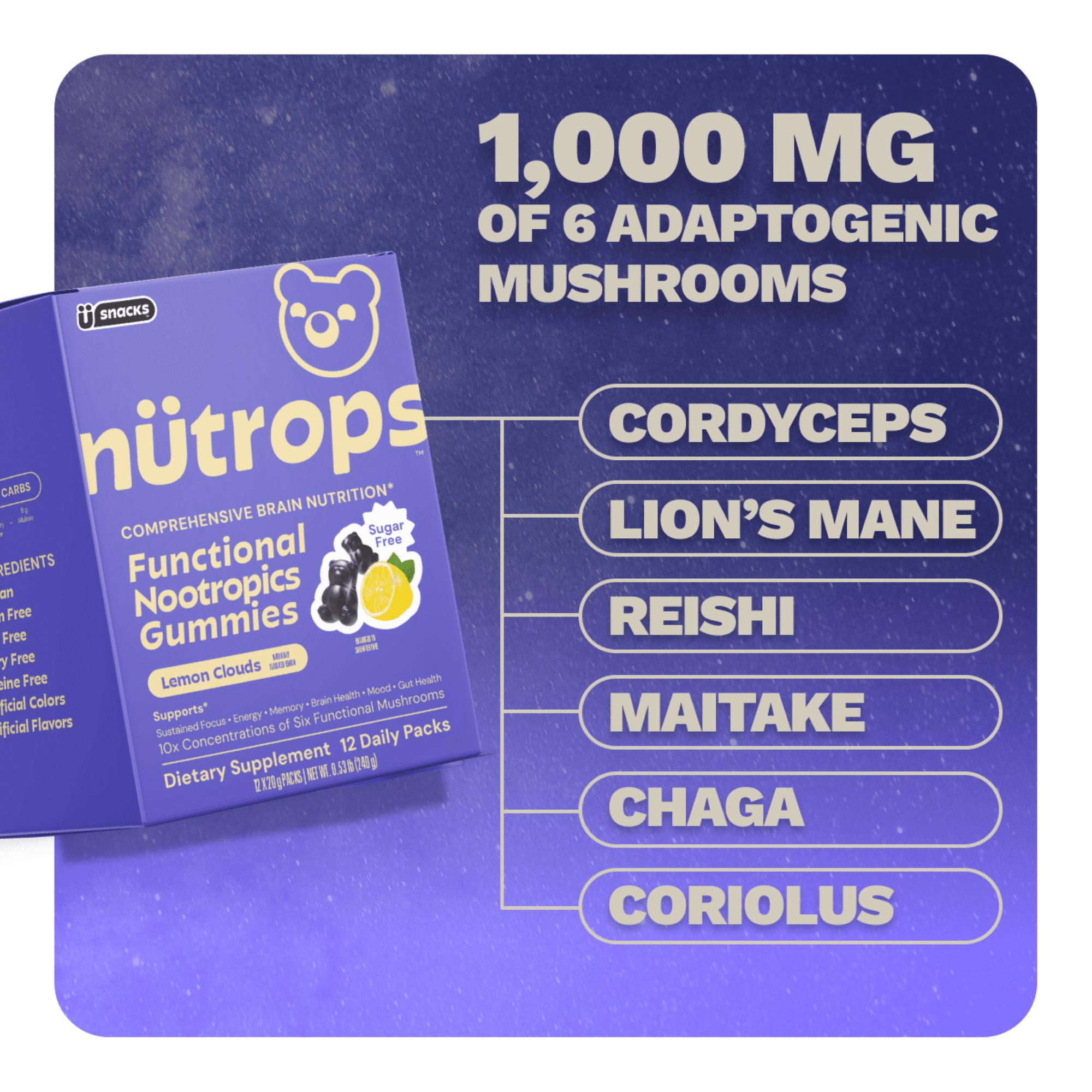 Nütrops Nootropic Sugar Free Mushroom Gummies with Lion's Mane, Cordyceps, & Reishi - Functional Mushrooms & Adaptogens to Support Brain Health, Caffeine-Free, Lemon Clouds Flavor, 12 count