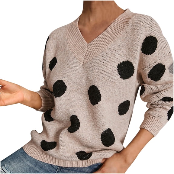 Aoochasliy Womens Sweaters Pullover Clothes V-neck Knitted Sweater Polka Dot Pullover Trendy Knitted Sweater Tops Blouse
