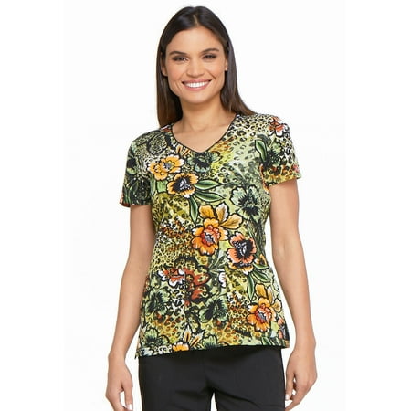 Dickies Prints Medical Scrubs Top for Women V-Neck DK701, XS, Prowling Petals