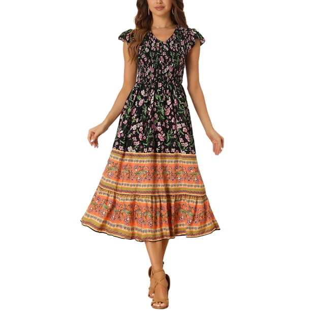Vestido Boho Floral con Volantes y Mangas de Mariposa para Mujer Midi S Negro