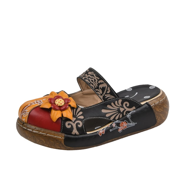 Sandales à Plateforme Boho pour Femmes, Claquettes Style Ethnique à Imprimé Floral, Sabots Mules Décontractés d'Été à Bout Fermé, Pantoufles à Enfiler