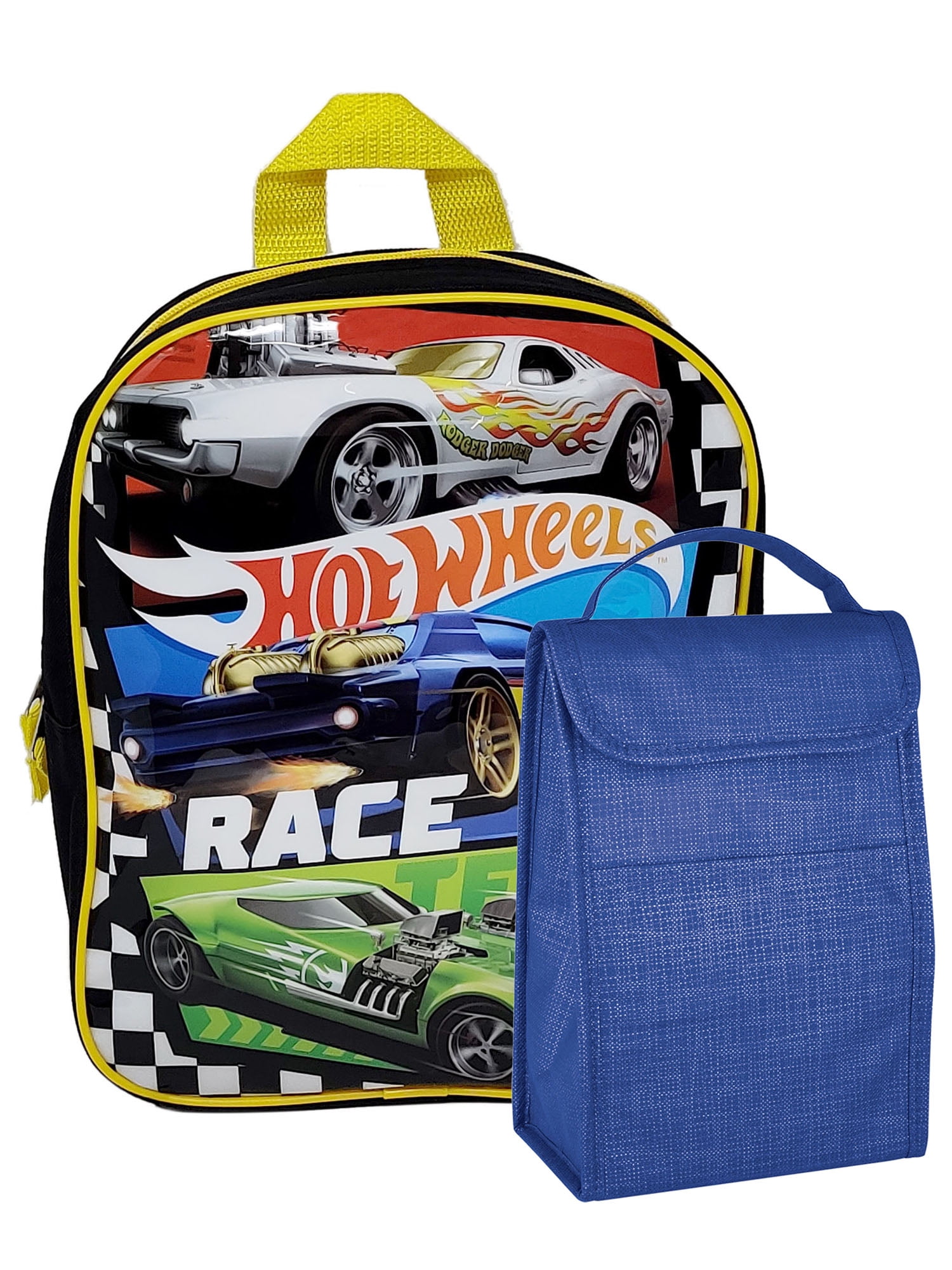 Hot Wheels Backpack 11" Mini Race Cars w/ Insulated Lunch Bag NonWoven