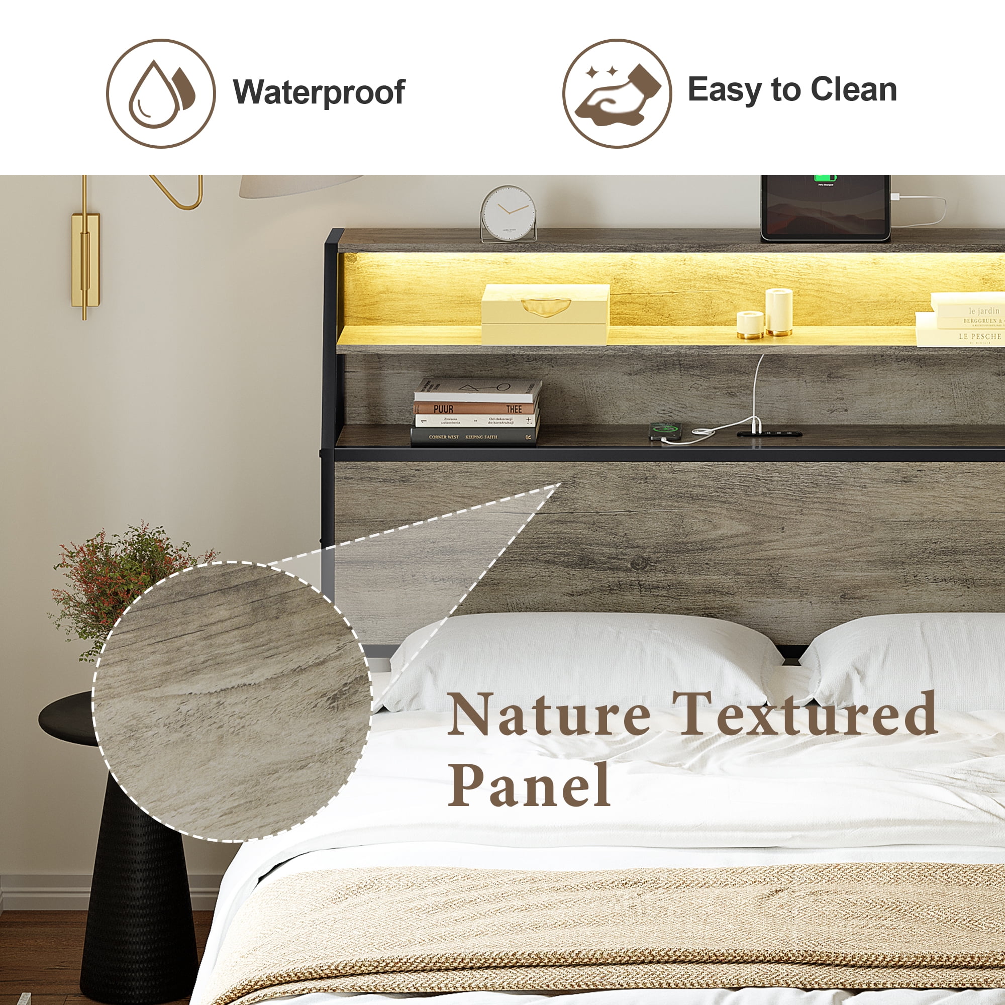 GUNAITO Queen Bed Frame with 2 Drawers Headboard Platform Bed Frame with LED Lights Charging Station Gray
