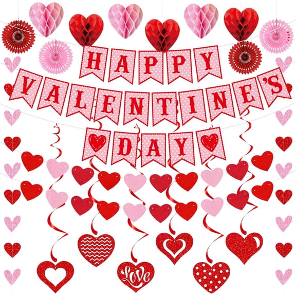 Valentines Day Decorations Set Happy Valentine's Day Banner Felt Heart Garland Banner Red Pink Hanging Heart Honeycomb Glitter Hanging Swirls for Valentines Day Party Supplies Home Wedding Decor