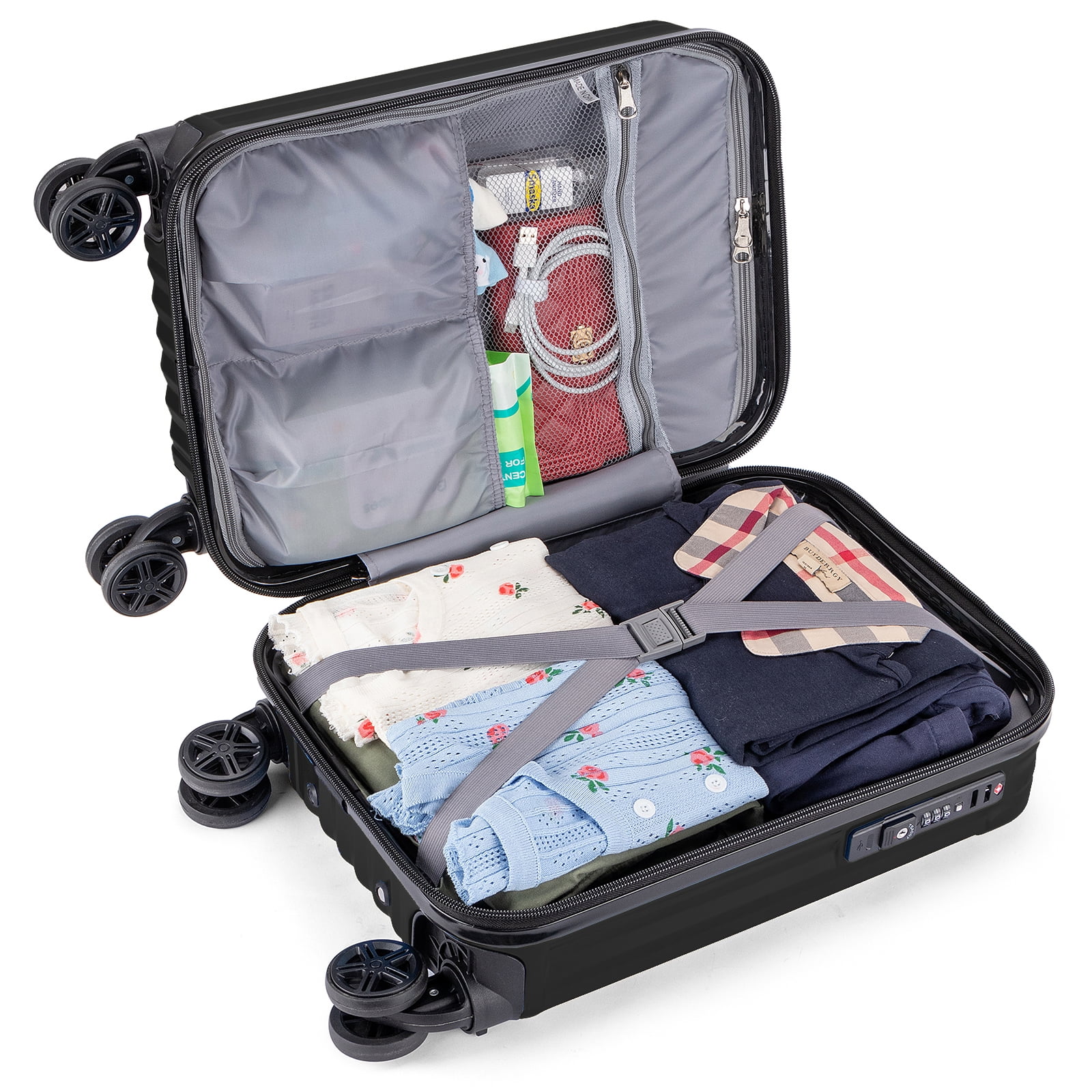 Personal Item Suitcase 18x14x8 Inches Hardside Built In TSA Lock & USB Port Lightweight Luggage With Removable Silent Wheels Underseat Carry-On Bag For Spirit and Frontier and More (Black)