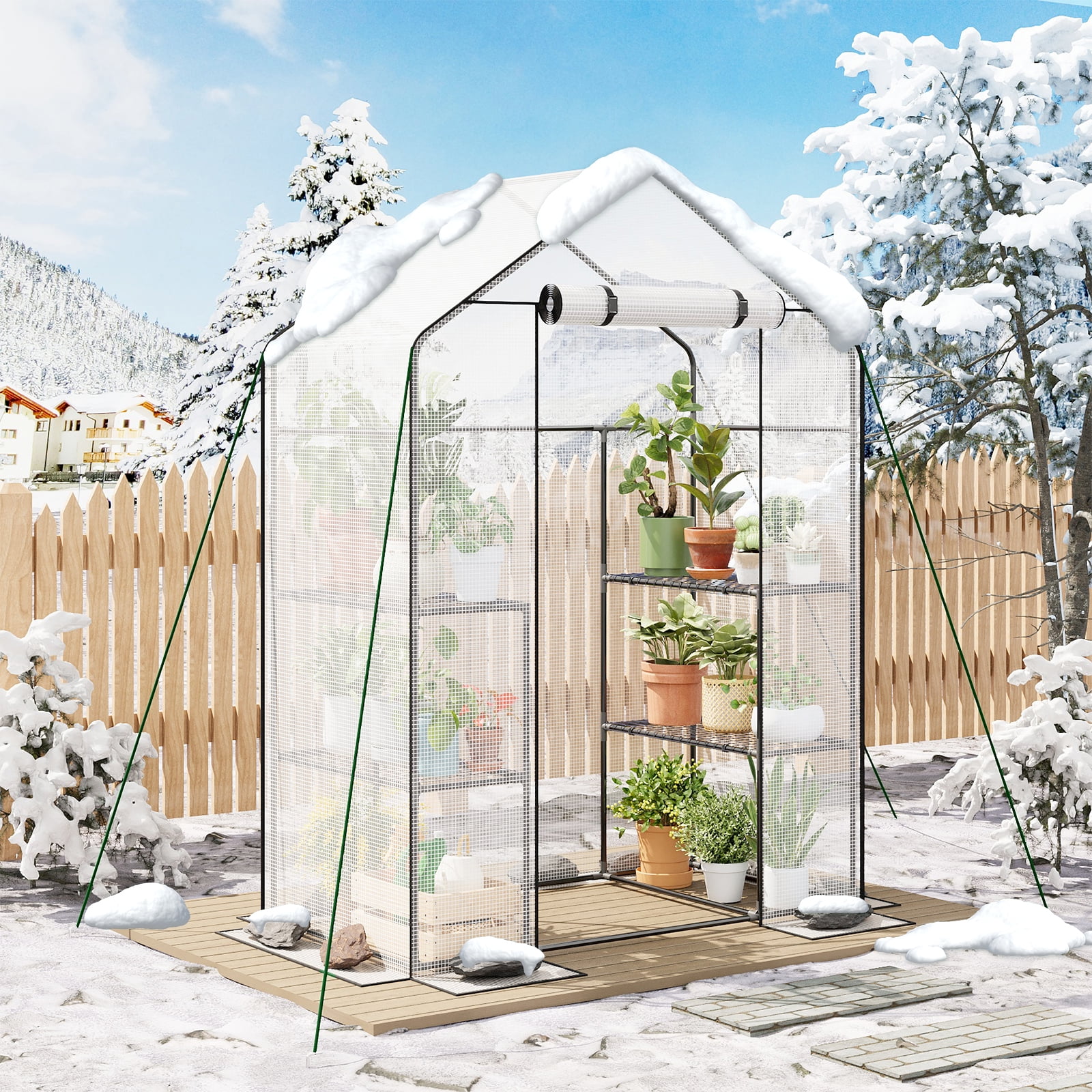 TOMNK Greenhouse, 57 x 28 x 76'' Greenhouses for Outdoors, Portable Greenhouse Kit with Mesh Side Windows, PE Cover, 4 Shelves, Heavy Duty Walk in White House for Backyard Garden Indoor Outside