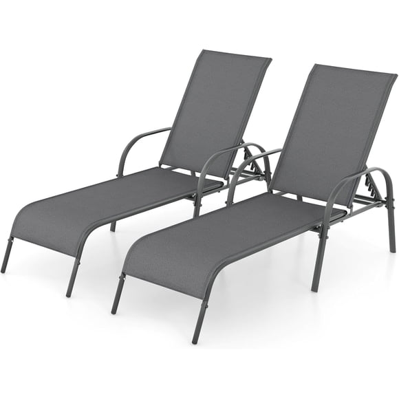 Lot de 2 chaises longues de terrasse, chaises longues d'extérieur avec 5 dossiers réglables, cadre en acier robuste, chaise de bronzage pour plage, extérieur, cour, balcon, piscine (gris foncé)