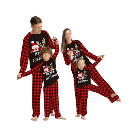 

Avamo Mommy Dad Child Check Plaid Santa Claus Print Nightwear Tops And Pants Elk Printed Sleepwear Women Men Kids Crew Neck Christmas PJ Sets Red Mom XL