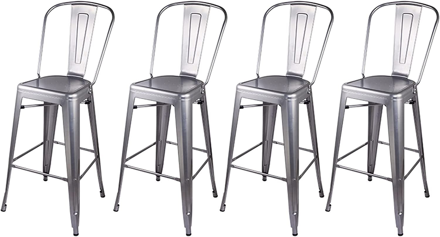 Leejay 30 inch Silver High Back Metal Bar Stools Set of 4 14.5x14.5