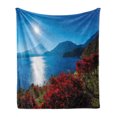 thumbnail image 1 of Nature Soft Flannel Fleece Blanket, Japan Sunny Autumn Fall Plants Landscape with Trees Mountains and Ocean Panorama, Cozy Plush for Indoor and Outdoor Use, 60" x 80", Blue and Red, by Ambesonne, 1 of 6
