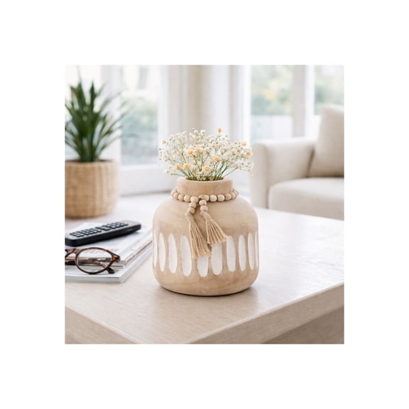 Paulownia Wood Vase with Beaded Tassels for Living Room Decor - Decorative Flower Vase for Bedroom, Office Desk, and Home Display - Casual House Accent for Table Centerpiece - 8", Brown & White
