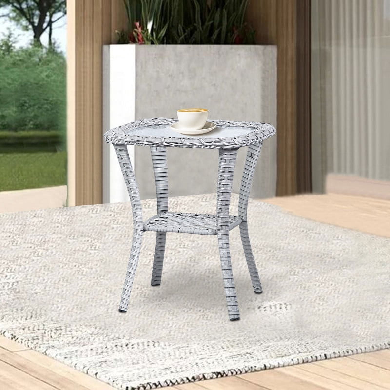 PARKWELL Outdoor Side Table with All-Weather Wicker Shelf - Rattan Tea Tables with Glass Top - Square Offwhite