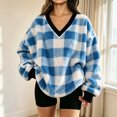 thumbnail image 2 of Manzbdm Women's Fleece Plaid Sweatshirt Long Sleeve V Neck Fuzzy Pullover Top, 2 of 8