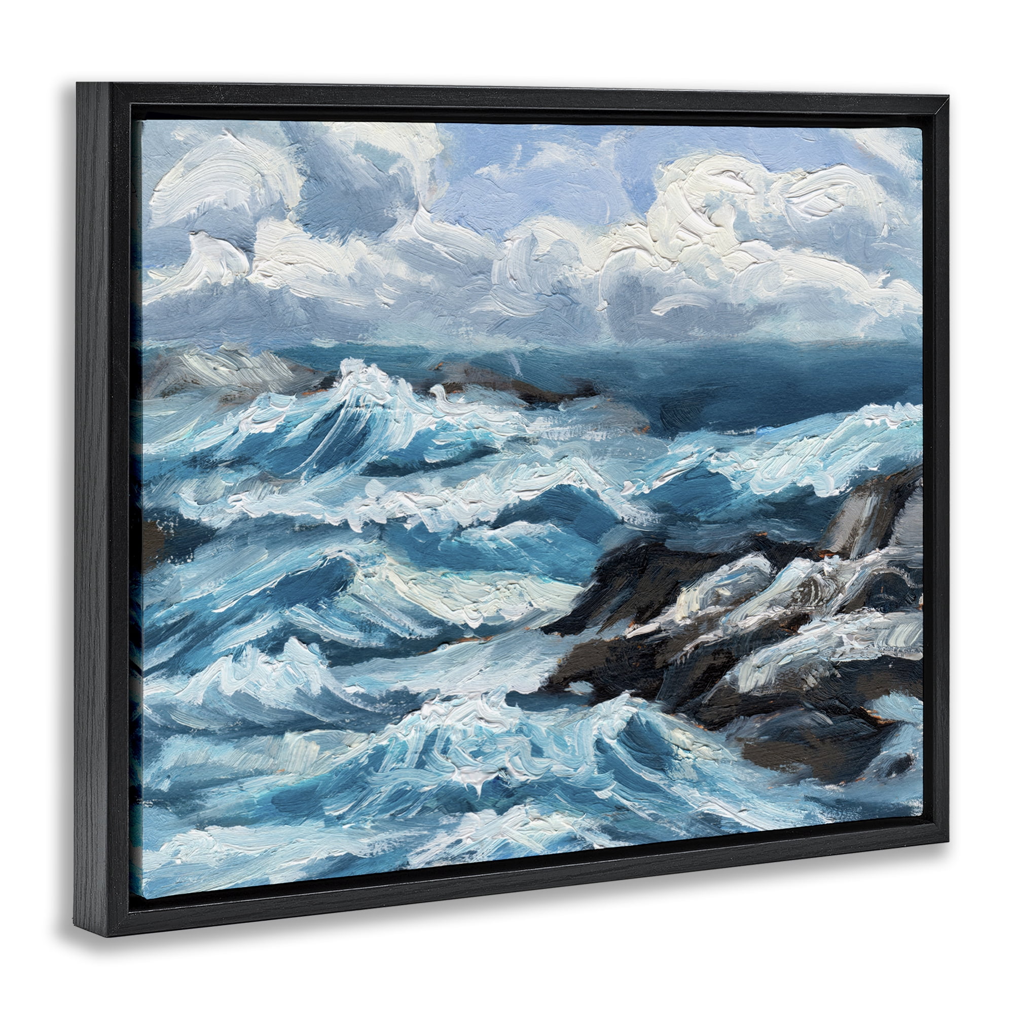 Stupell Industries Rough Sea Waves Splash Nautical & Beach Painting Black Floater Framed Canvas Art Print Wall Art, 31 x 25