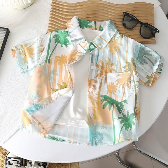 Boys Graphic Tees Loose Fit Coconut Tree Print Lapel Short Sleeve Buttoned Shirt Tee for Everyday Wear Boys' Tops Tees Shirts Yellow 3 Years-4 Years