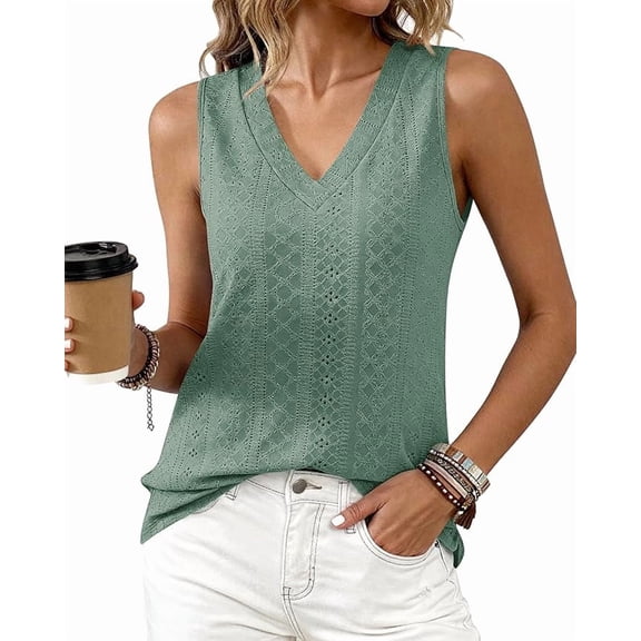 BTFBM Womens Tank Tops Summer Eyelet Crossed V Neck Sleeveless Casual Loose Fit Basic Spring Top Vacation Outfits