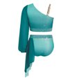 thumbnail image 7 of iiniim Girls Lyrical Dance Outfit One Shoulder Long Puff Sleeve Crop Top With Applique Asymmetrical Skirt Set Green 6, 7 of 7
