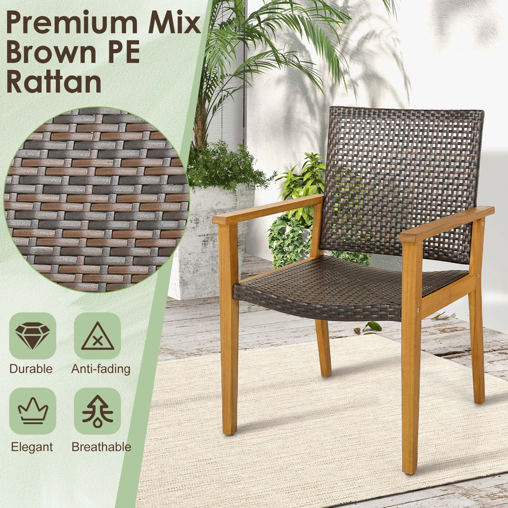 Costway Set of 4 Patio Dining Chairs Outdoor Acacia Wood Rattan Armchairs Garden Balcony