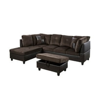 Pon Living Furniture Inc 3 Piece Classic Polyester Storage Ottoman L Shaped Sectional Sofa Set Brown