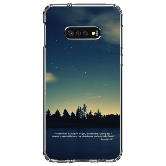 DistinctInk Clear Shockproof Hybrid Case for Samsung Galaxy S10e (5.8" Screen) - TPU Bumper, Acrylic Back, Tempered Glass Screen Protector - Night Sky Lake Jeremiah 29:11 - Christ