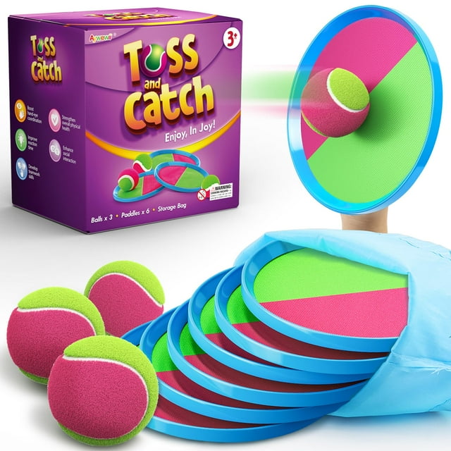 Juego de juegos infantiles para lanzar y atrapar pelotas Aywewii con 6 palas y 3 bolas