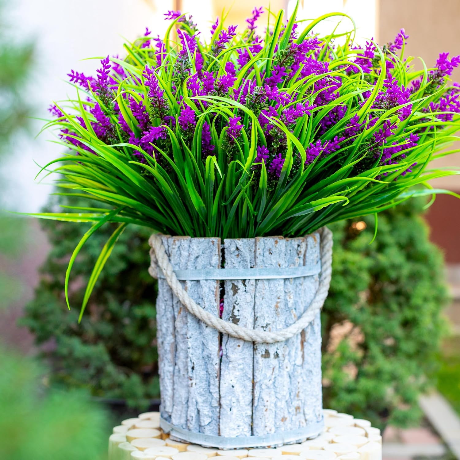 4PCS Artificial Flowers for Outdoors, Fake Lavender with Grass UV Resistant Plastic Faux Autumn Plants for Garden Thanksgiving Home Decor (Magenta)