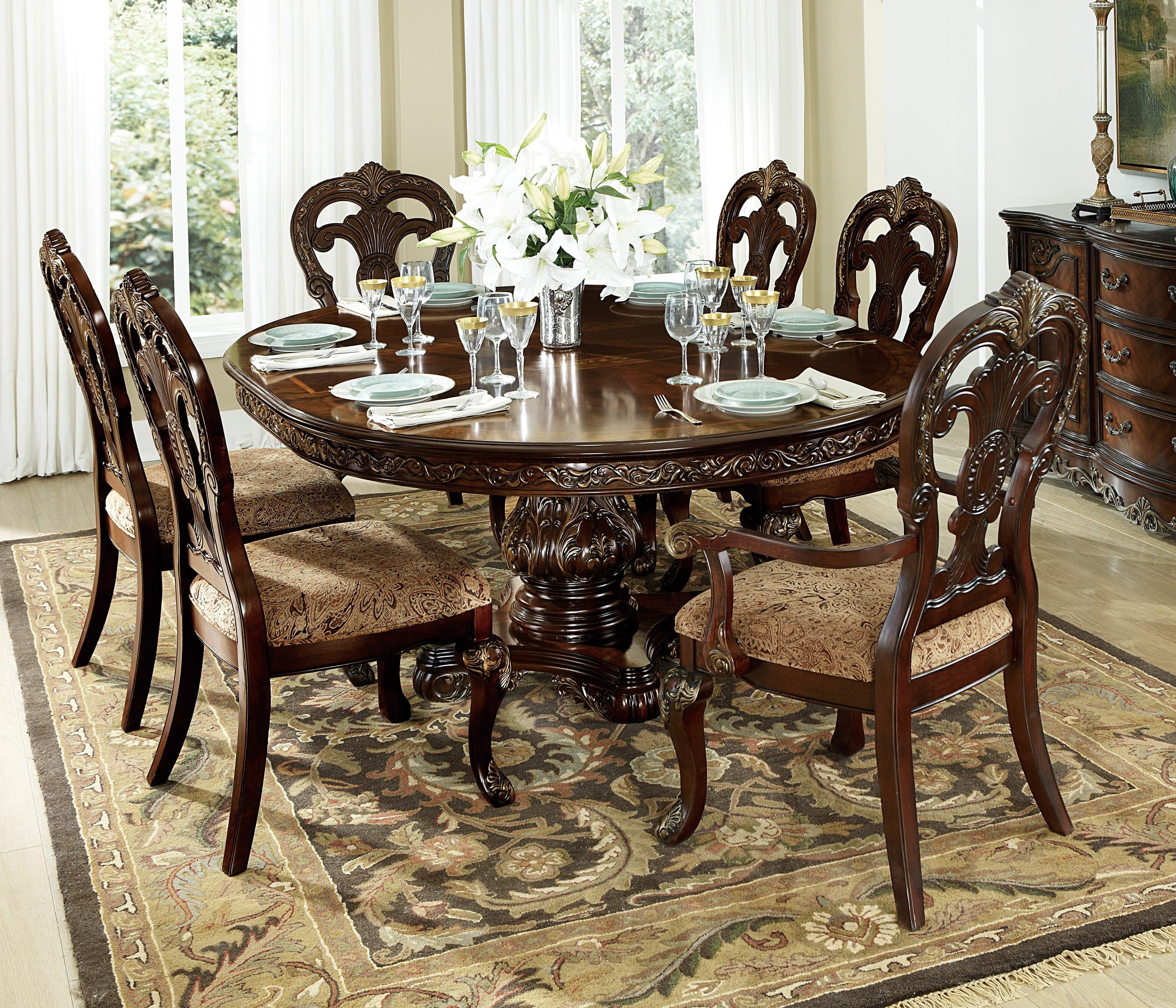 Elegant 7pc Dining Room Furniture Set Cherry Finish With Gold Tipping ...