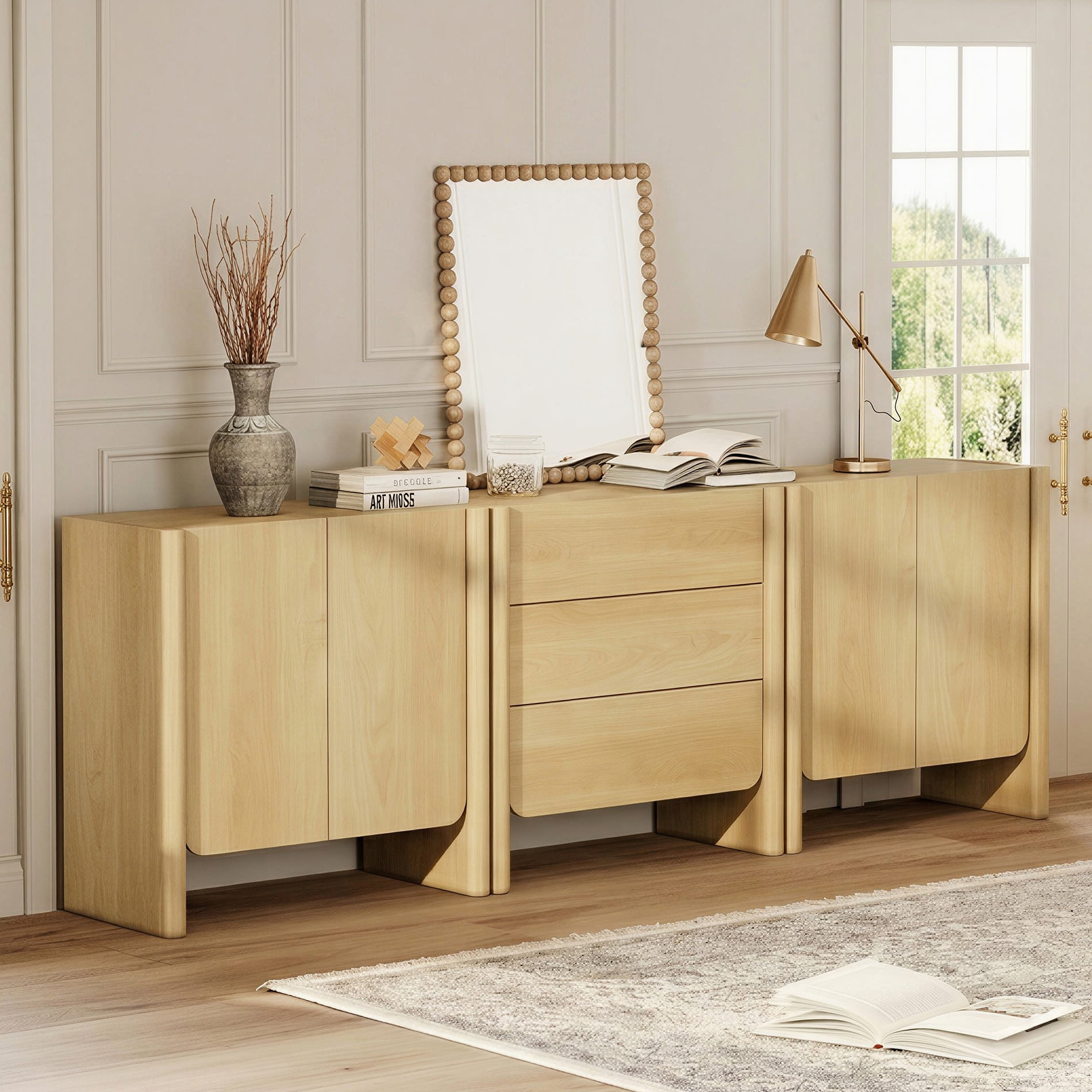 Modern French TV Stand, 94.5-Inch 3-Piece Media Console with 4 Doors and 3 Drawers, Supports TVs up to 105 Inches, Oak