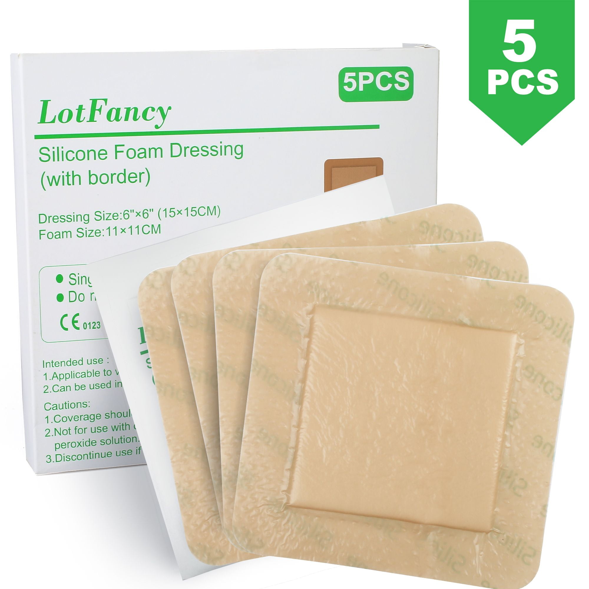 LotFancy 5Pcs Silicone Foam Dressing with Border, 6x6 in, Adhesive