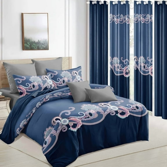 9pcs Quilt Bedding Set Dark Blue Floral Bedspread Queen Size for Bedroom, Lightweight Comforter with 2 Pillow Shams, 6 Matching Curtains 86x86In