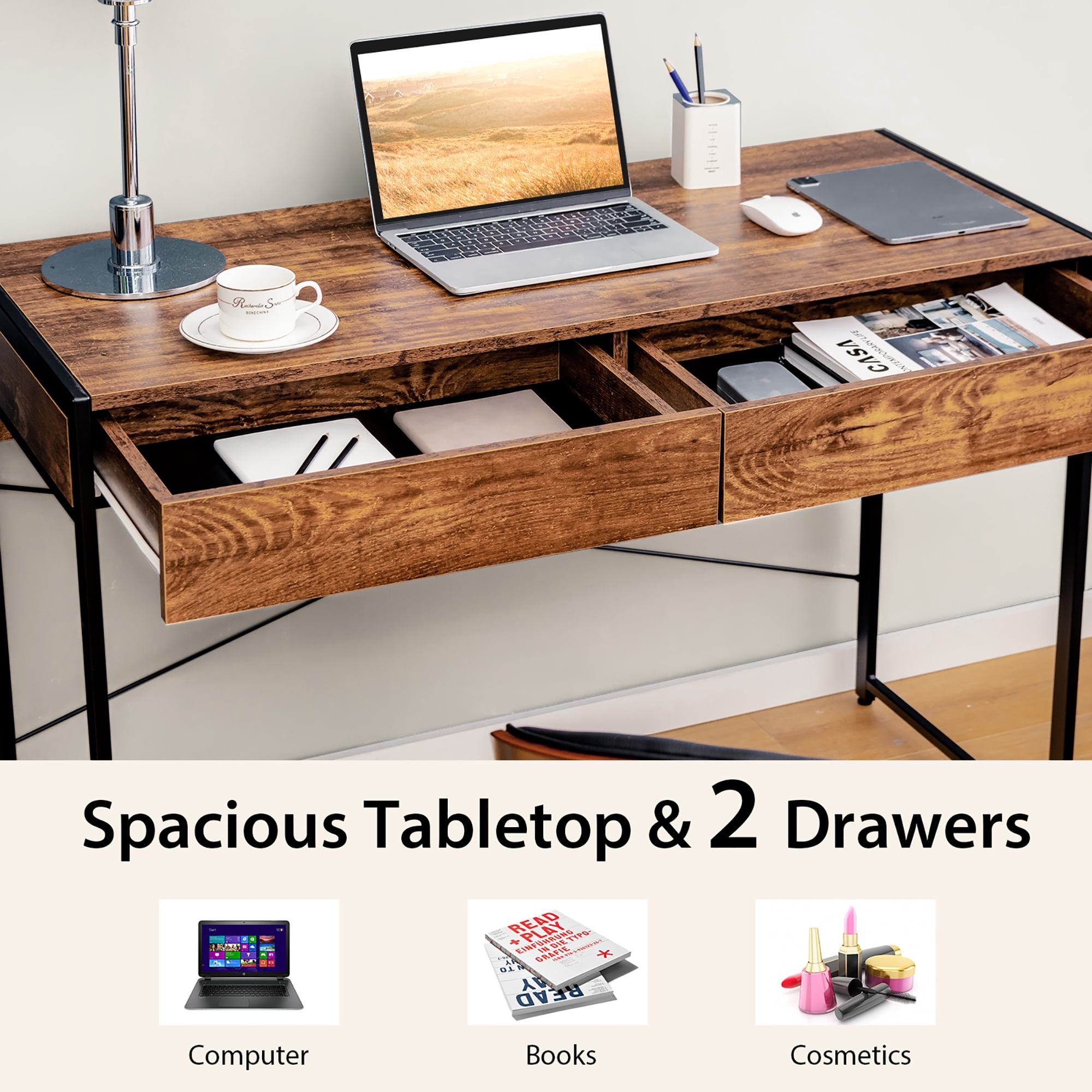 Costway Computer Desk Metal Frame Study Table Home Office Workstation w/2 Drawers Rustic