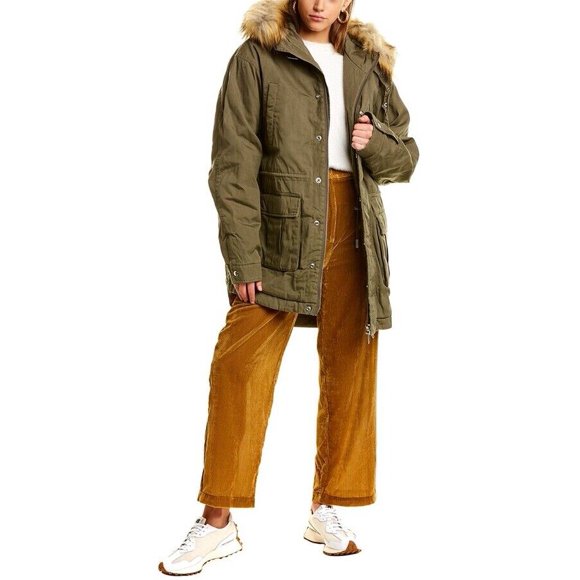 The Kooples Parka & Check Plaid Inner Cotton Khaki Faux Fur Collar Size 2 $725