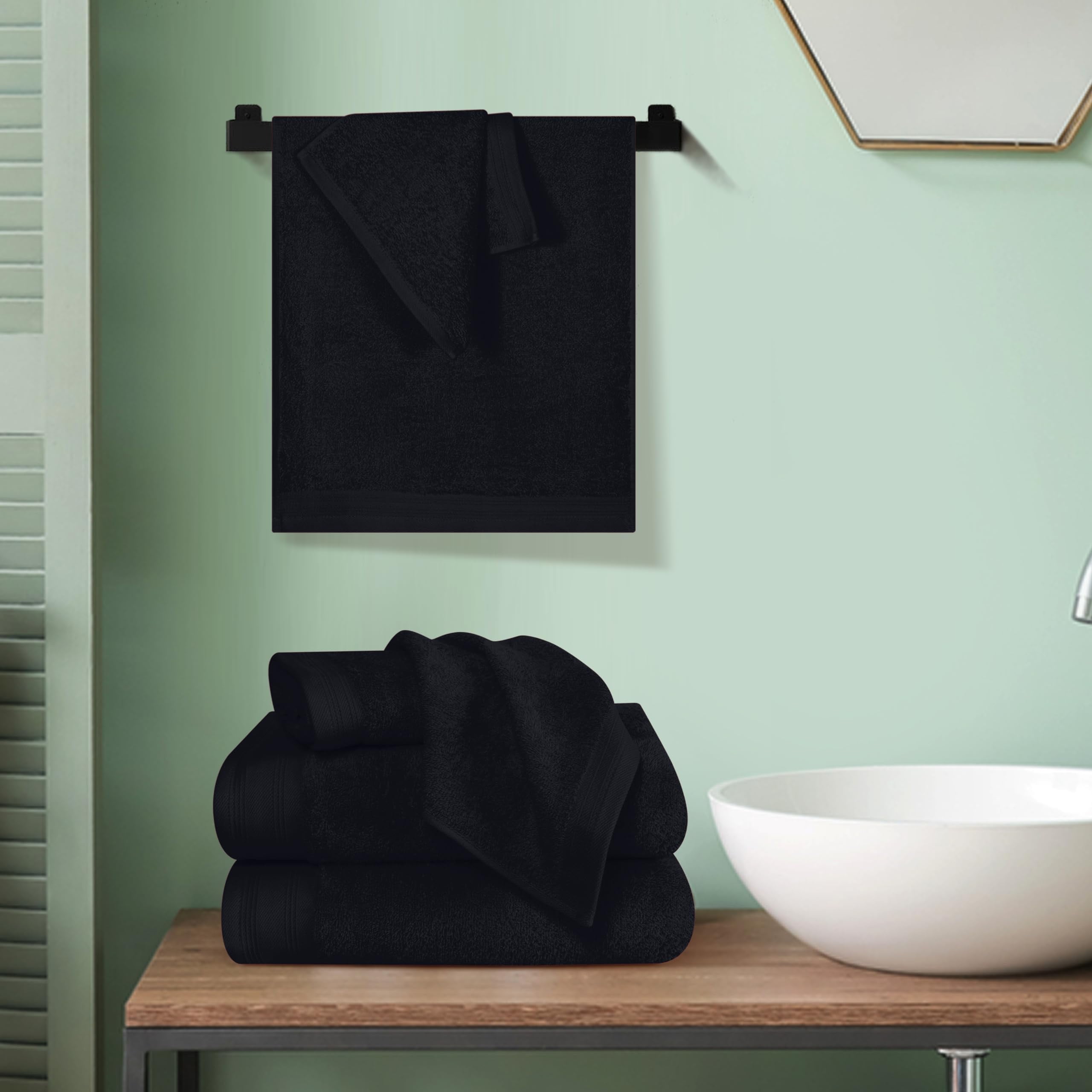 BELIZZI HOME Ultra Soft 6 Pack Cotton Towel Sets, Contains 2 Bath Towels 28x55 inch, 2 Hand Towels 16x24 inch & 2 Wash Coths 12x12 inch, Compact & Lightweight - Black