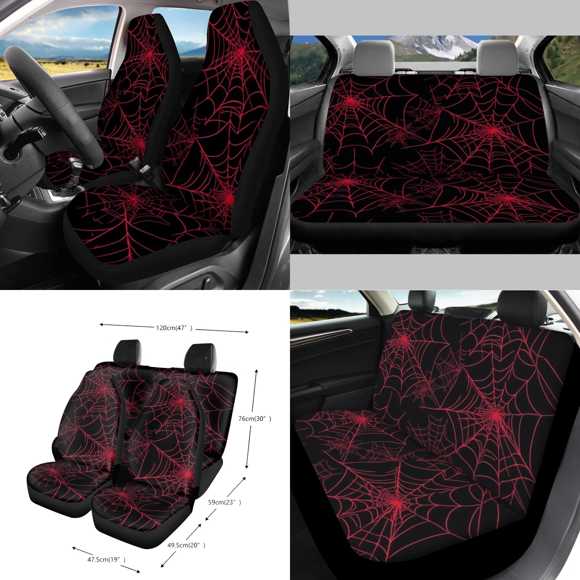 LedBack Spider Web Print Car Seat Cover Set for Men Decorative High Back Bucket Seat Cover with Safety Belt Pads Car Air Vent Storage Pouch Rear View Mirror Protector Universal Fit