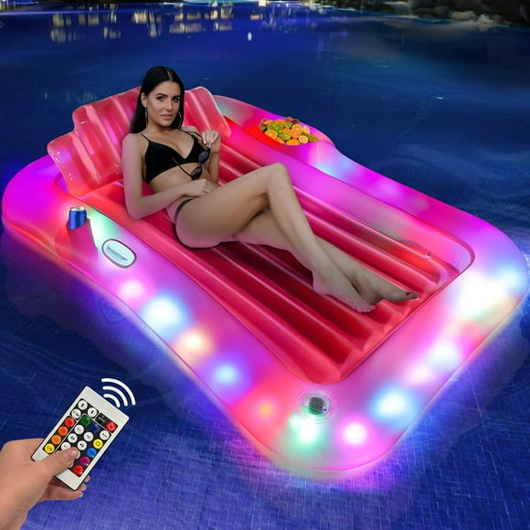 ParentLight Up Inflatable Tanning Pool Lounger Float, 71" x 47" Pool Floats Adult with Pillow Cooler Tray, Battery-Powered Remote Suntan Tub Raft Floatie, Sunbathing Bed for Water Kids Ball Pools Part