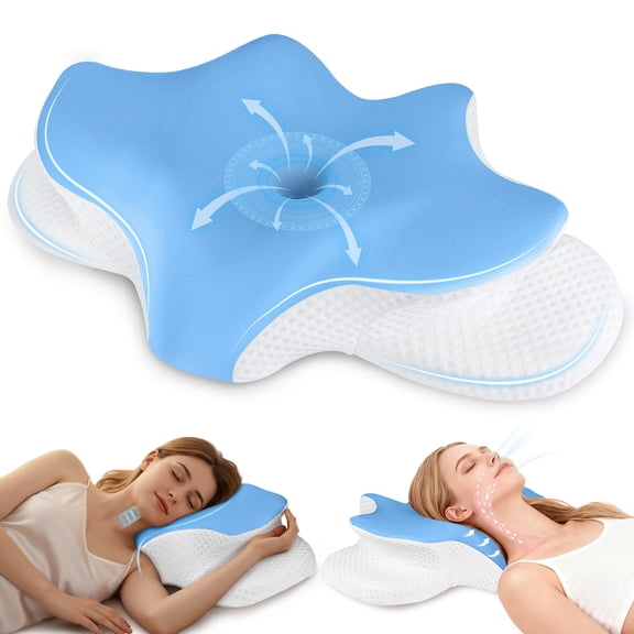 Cervical Neck Pillow for Pain Relief, 2 Heights Contour Memory Foam Pillow for Support, Cooling Ergonomic Orthopedic Pillow for Side Back Stomach Sleepers Blue