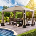 thumbnail image 4 of 11' x 13' Patio Gazebo with LED Lighting, Sturdy Outdoor Shelter Canopy featuring a Durable Metal Frame, Dual Roof Design, Mesh Netting, and Curtains for Garden, Lawn, or Backyard Use, 4 of 8