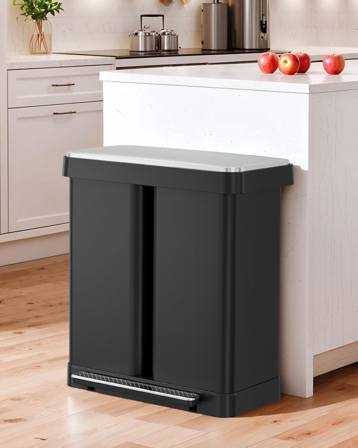 LAZY BUDDY 60 Liter / 16 Gallon Dual Trash Can, Stainless Steel Kitchen Garbage Can with Plastic Inner Buckets & Soft-Close Lids