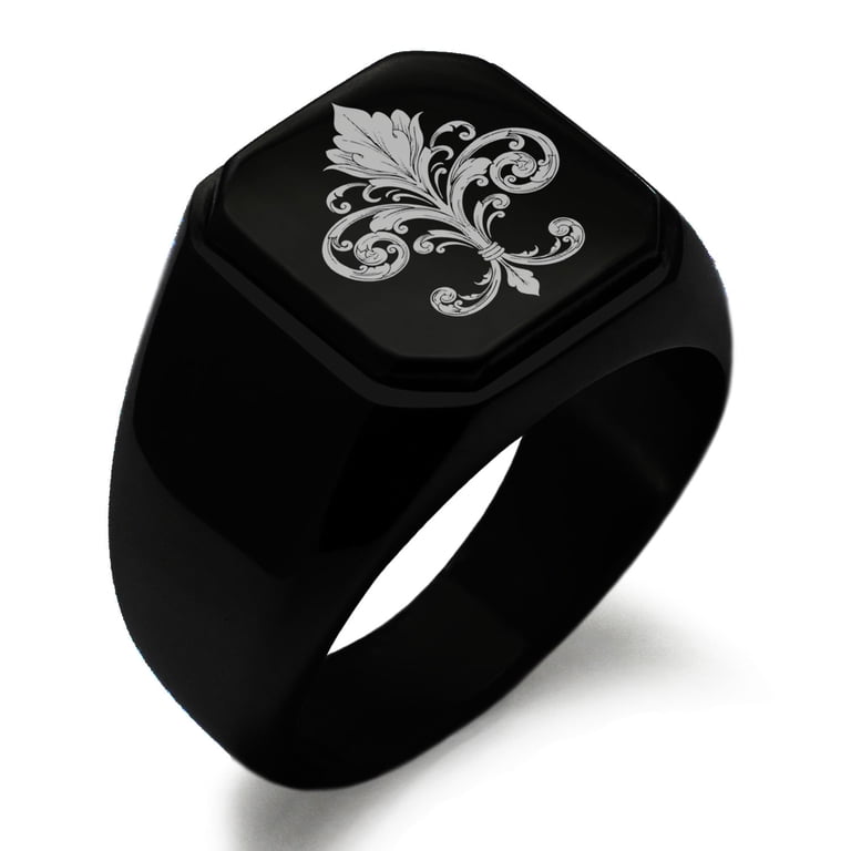 Stainless Steel Ornate Fleur De Lis Engraved Square Flat Top Biker