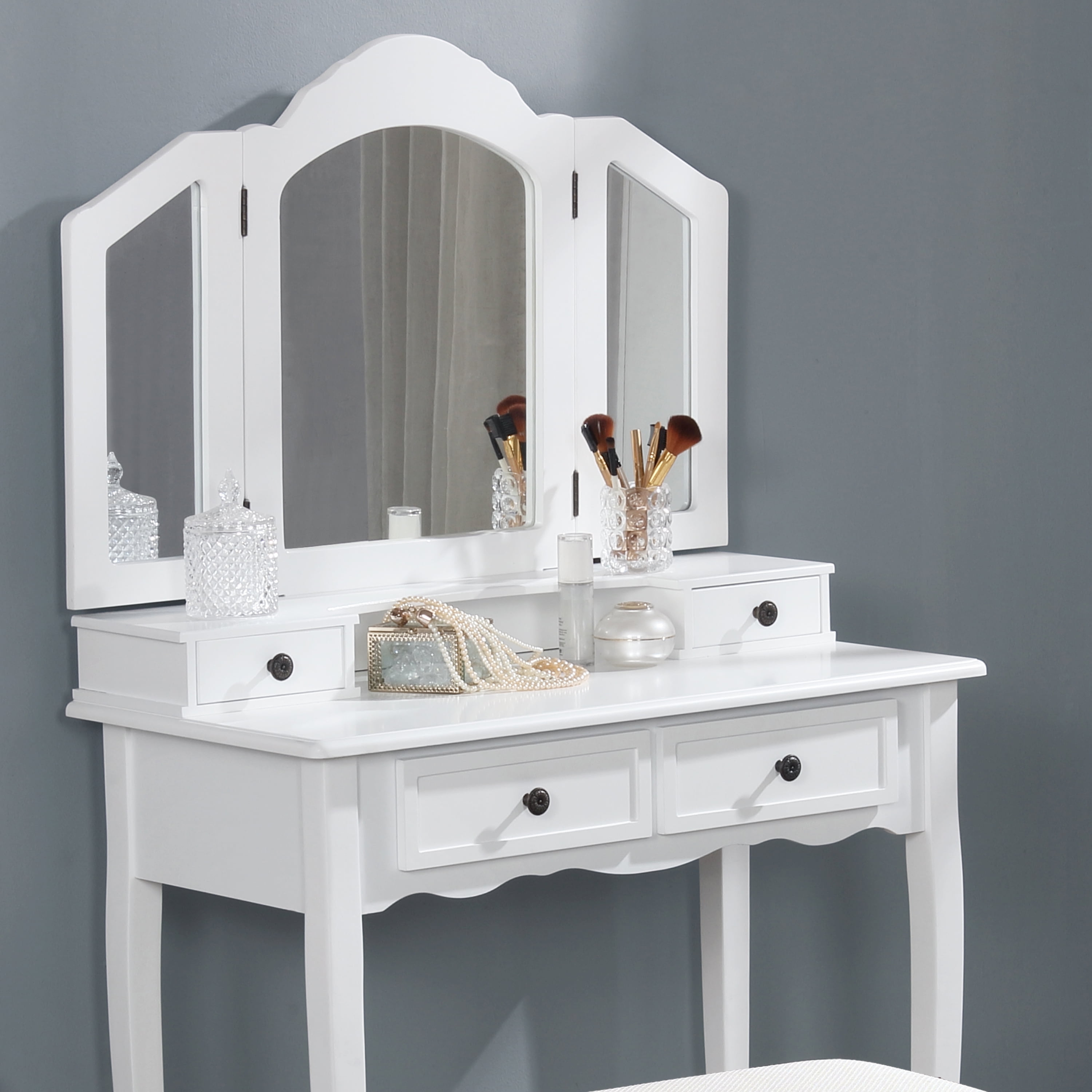 Roundhill Furniture Sanlo Wooden Vanity Make Up Table and Stool Set, White