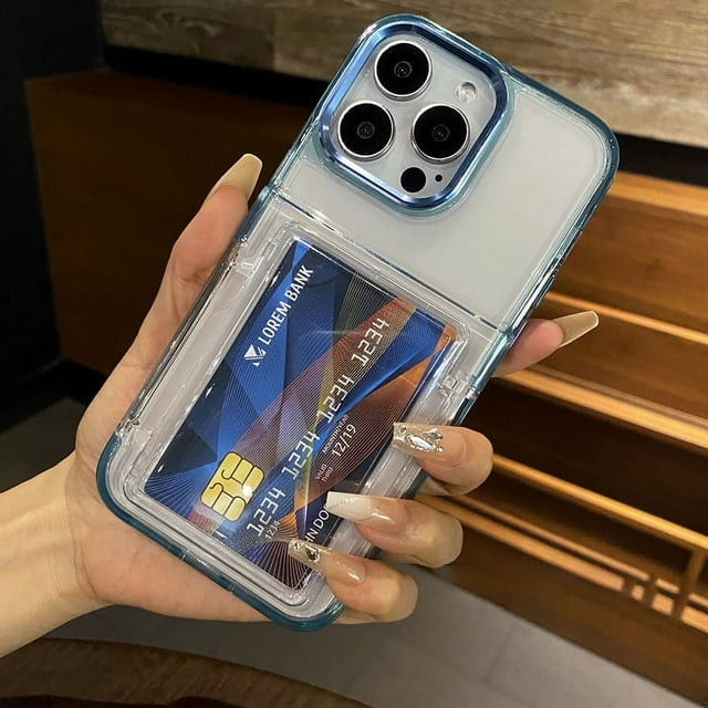 Transparent Flip Slot Card Wallet Holder Stand Case For iPhone 16 14 Pro Max 15 Plus 11 12 13 Shockproof Acrylic Hard Back Cover Navy Blue For iPhone 15