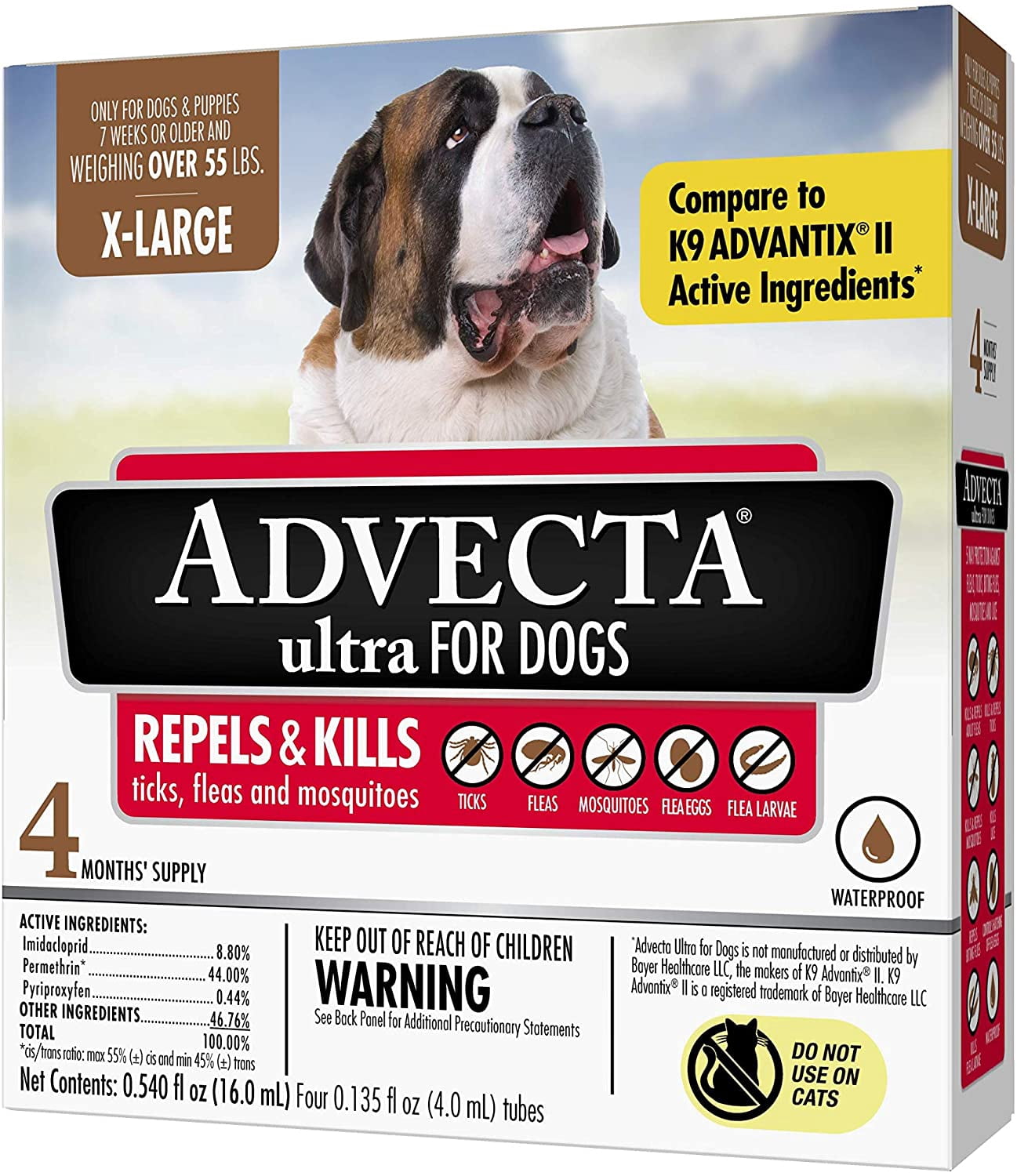 Flea and Tick Treatment 3 XLarge Dogs Over 55 Lbs 4 Month Repels