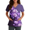 thumbnail image 4 of Valentines Scrubs Tops Women Plus Size Loose Short Sleeve Cute Love Hearts Graphic Scrub Shirts Casual V Neck Scrubs Nursing Workwear Medical Nurse Uniform with Pockets Dark Purple M, 4 of 5