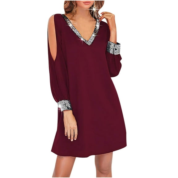 Odeerbi Dresses for Women 2025 Fashion Erogenous Casual Solid Dress V-Neck Long Sleeve Mini Dress Wine