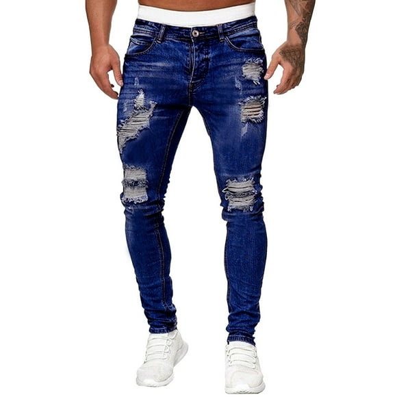 Mens Jeans Men's Casual Jeans Solid Color Ripped Holes Frayed Gradient Washed Trousers Jeans Homme Dark Blue XL