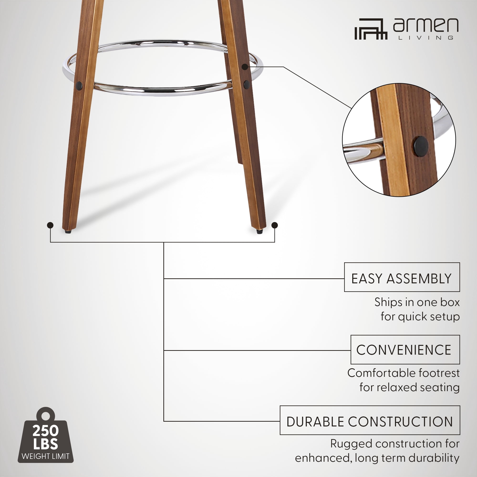 Sonia 26" Counter Height Swivel Brown Faux Leather and Walnut Wood Bar Stool - Set of 3